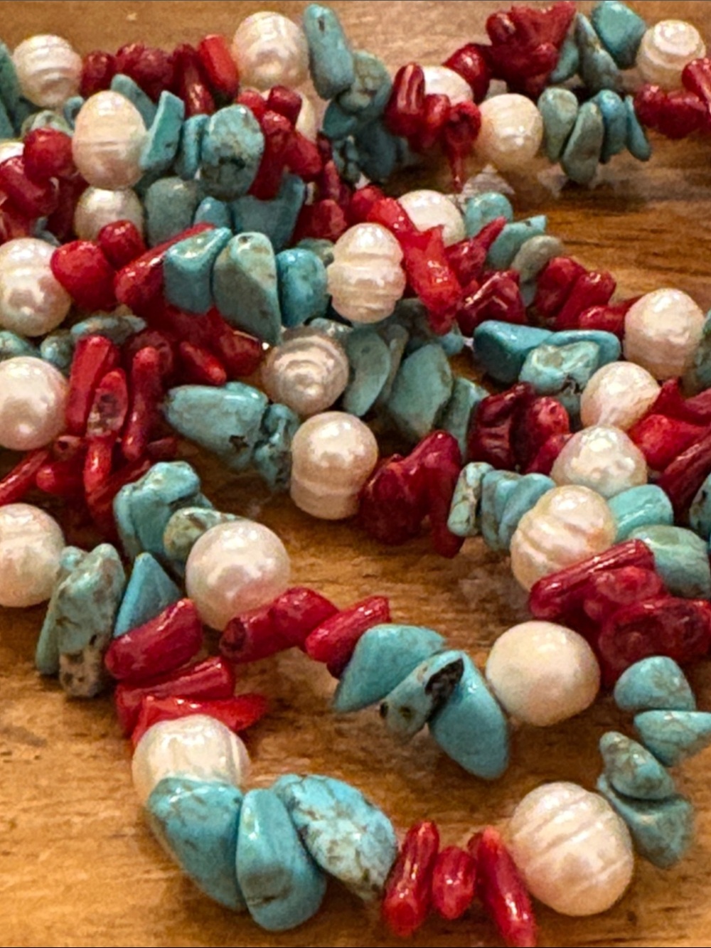 Turquoise Chip, Red Coral & Freshwater Pearl Layered Necklace 27” Boho